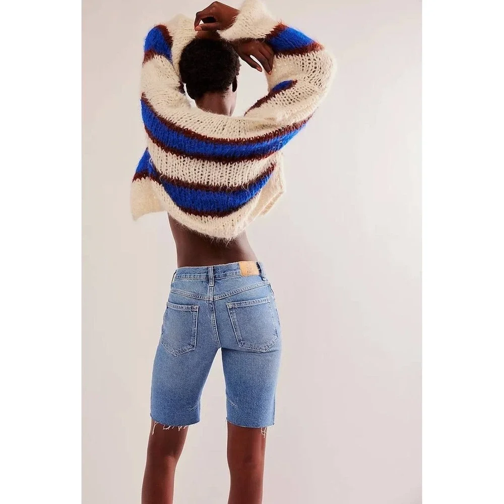 Free People We The Free Ghost Town High Rise Long Denim Shorts 31‎ Boho NWT